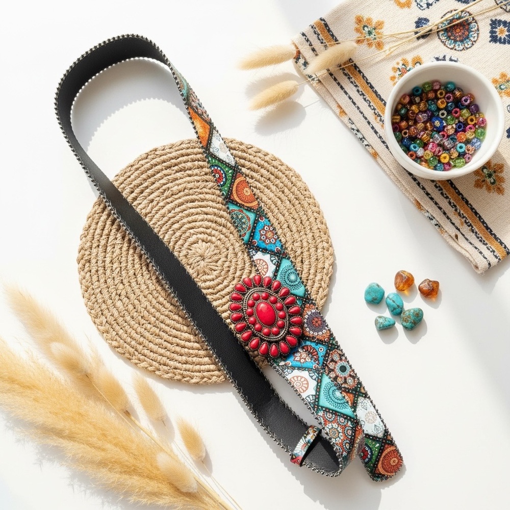 Bohemian Turquoise Patterned Women's Belt with Red Stone Buckle - Picture 2 of 6